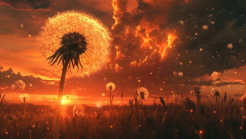 Glowing dandelion seeds drift across a blazing sunset sky