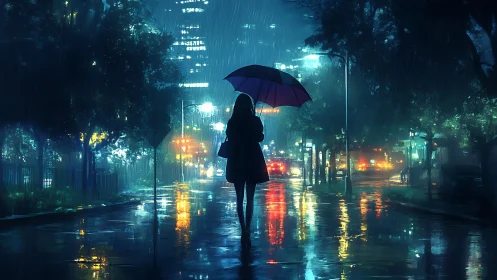 Solitary figure with umbrella in neon lit rainy night street