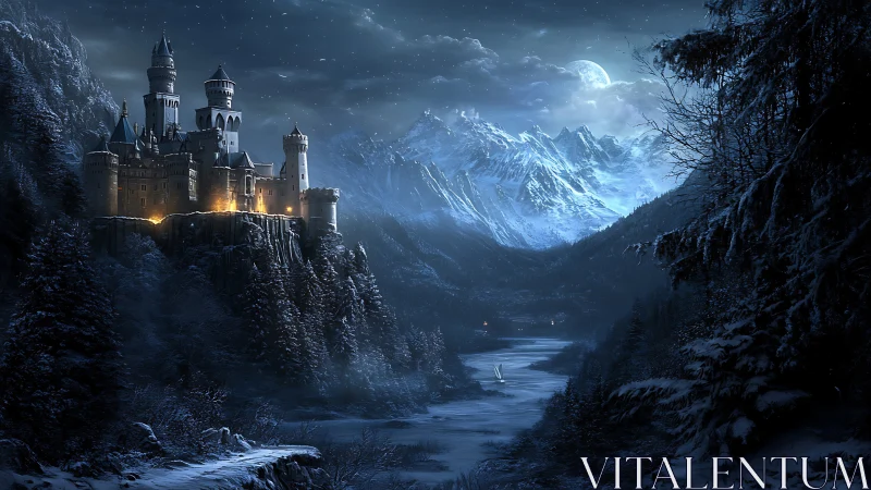 Moonlit alpine castle overlooks frozen river valley night