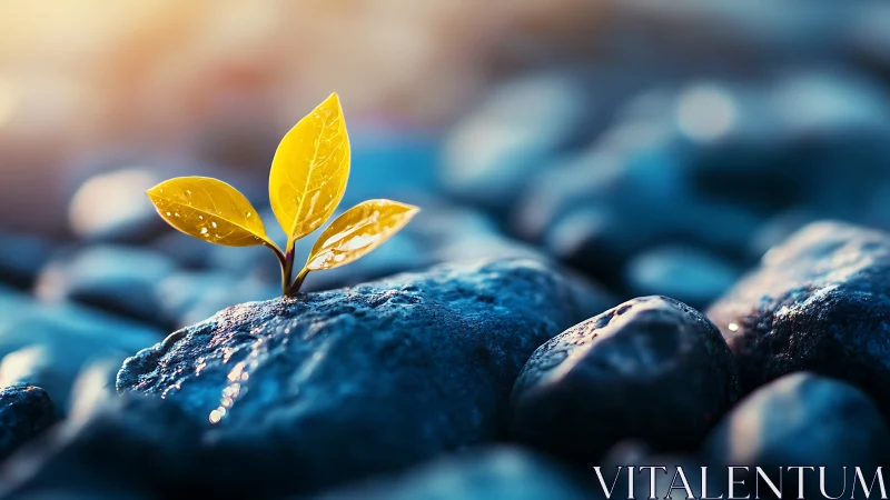 Bright yellow seedling emerging from wet stones, macro nature scene.