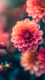 Coral dahlia blooms with layered petals against blurred garden backdrop.