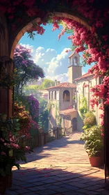 Sunlit Mediterranean alley framed by floral stone arch.