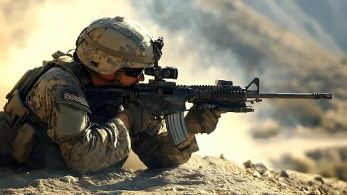 Calm focus of a soldier holding position in dusty terrain.