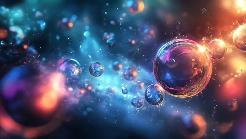 Glowing cosmic bubbles drift through vibrant nebula light