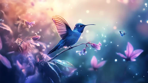 Vibrant hummingbird on branch in dreamy, magical fantasy style.