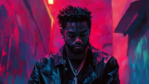 Man in neon alley with lowered gaze, digital portrait.