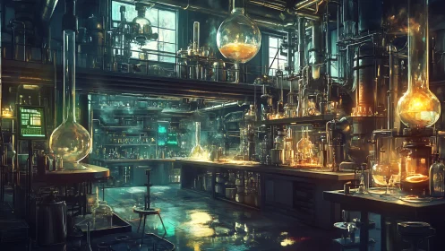 Alchemy engines hum inside a glowing cyberpunk laboratory.