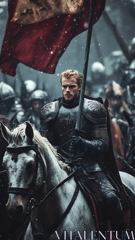 Armored cavalry commander under crimson war standard in snow