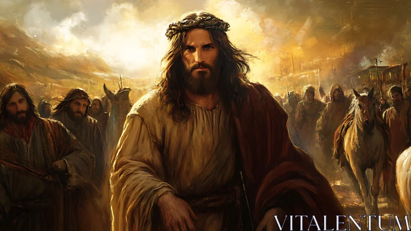 Messianic figure strides forward in radiant, golden dusk.