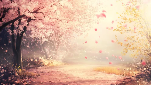 Digital painting of luminous blossom path with drifting petals.