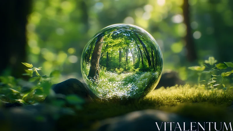 Crystal Glass Sphere Refracting Forest Canopy in Natural Light.