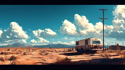 Rusting RV in cinematic desert plain under cumulus sky.