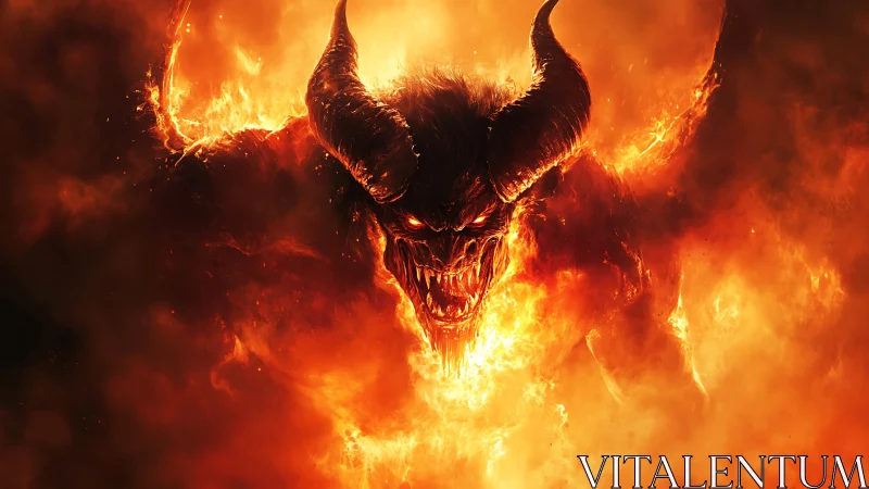 Demonic fire titan erupts from molten inferno, horns blazing
