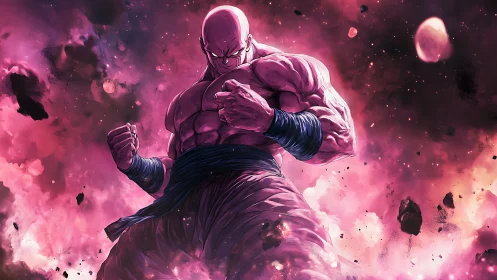 Muscular bald warrior in cosmic pink explosion cloudscape