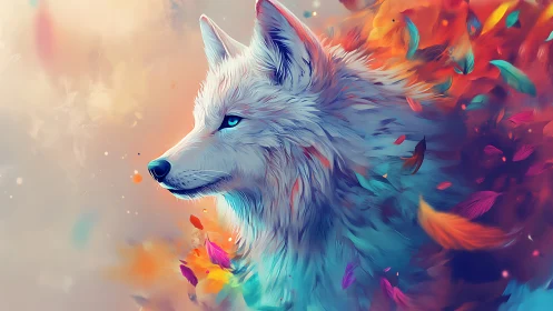Luminous arctic wolf amid swirling neon feathers dreamscape.