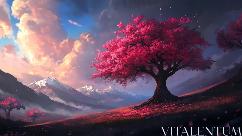 Blossoming crimson tree guarding snowlit mountain dreams.