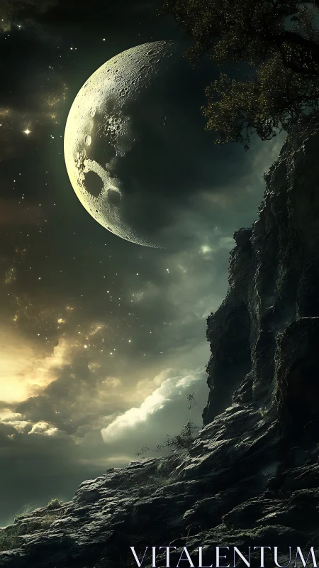 Crescent moon looms above rugged alien cliff at dusk.