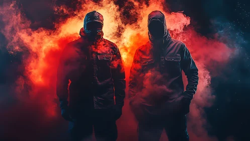 Mysterious hooded duo standing in glowing red smoke.
