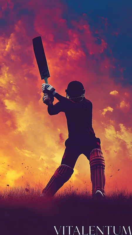 Cricket batter raises the bat confidently against a blazing sky