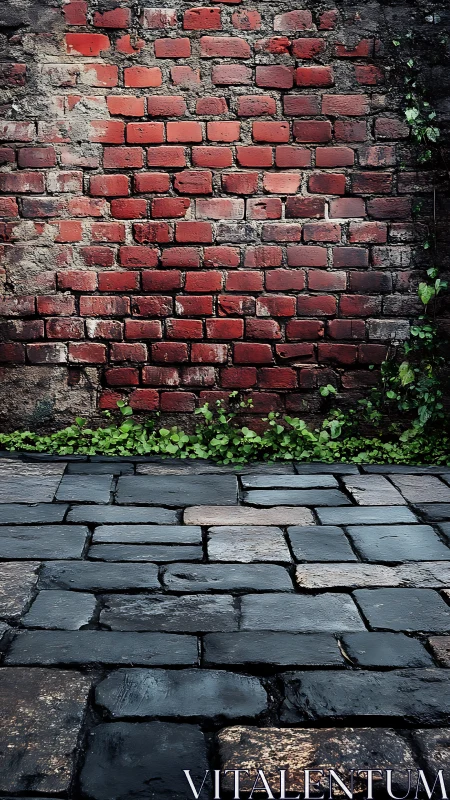 Weathered brick sentinel above glossy cobblestone path.