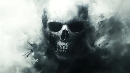 Human skull emerges from swirling monochrome smoke cloud