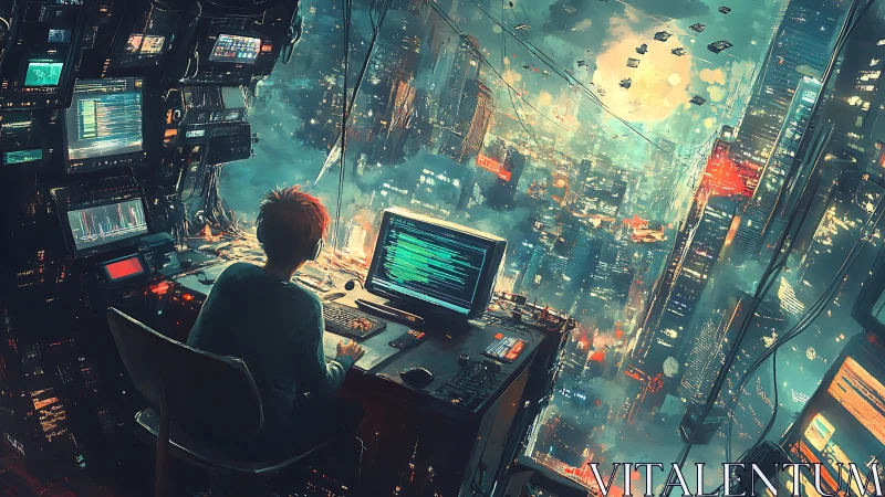 Solitary hacker controls neon cyber city from high-rise lab