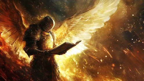 Radiant angelic warrior studies a glowing celestial book