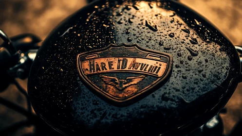 Motorcycle tank emblem catches rain in warm dusk light.