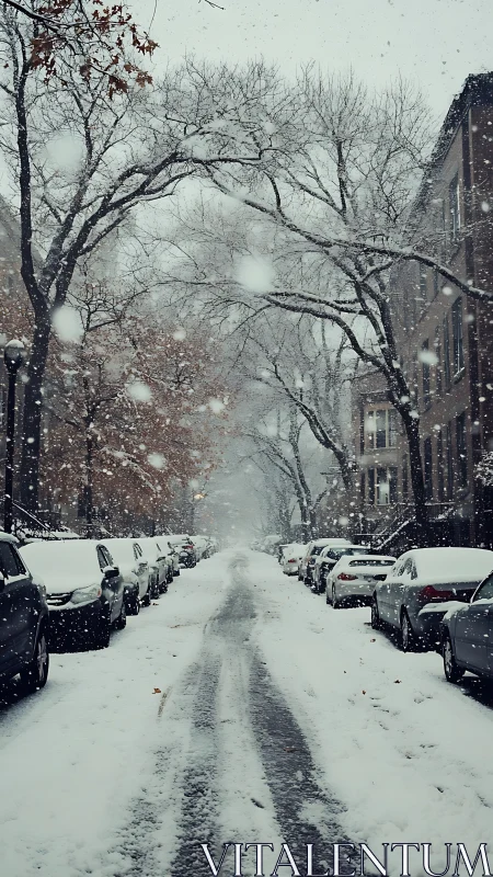 Snow-covered urban residential street with parked vehicles.