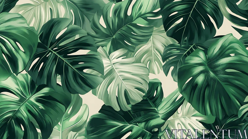 Tropical monstera leaf pattern in layered green tones.