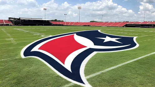 Bold pro football logo dominating empty green stadium field.