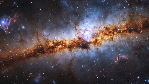 Golden starry galaxy band glowing across deep blue space.
