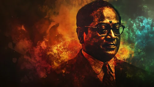 Portrait of suited man in fiery textured digital color field.