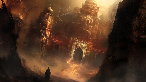 Wanderer approaches colossal sunlit desert citadel gate.