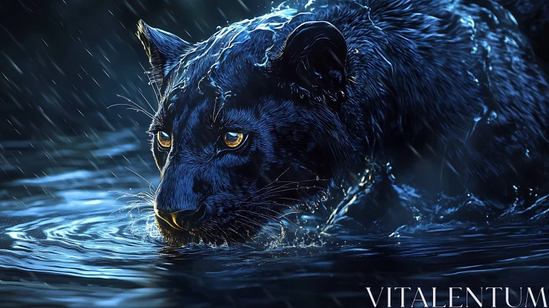 Black Panther Prowling Through Rain-Soaked Waters.