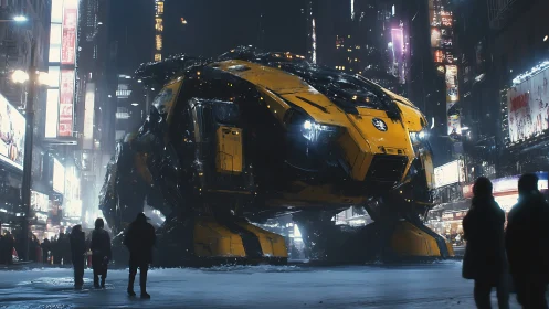 Stunning yellow mech rests calmly in a neon city nightscape