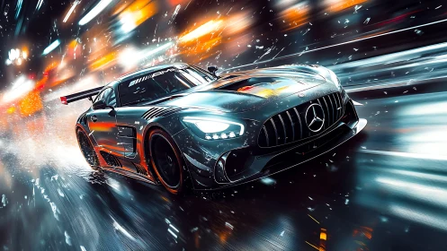 Mercedes race car storms neon street in dynamic rain