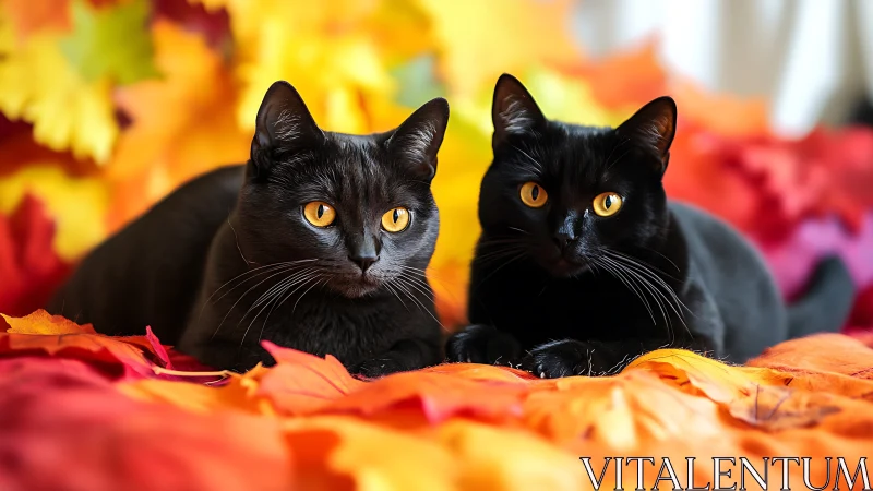 Melanistic Felines with Aureate Irides Positioned Amid Chromatic Foliage.