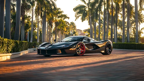 Black hybrid hypercar on palm-lined brick boulevard at sunset