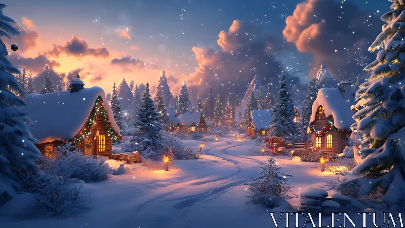 Snowy Christmas village glows under a pastel winter sunset.