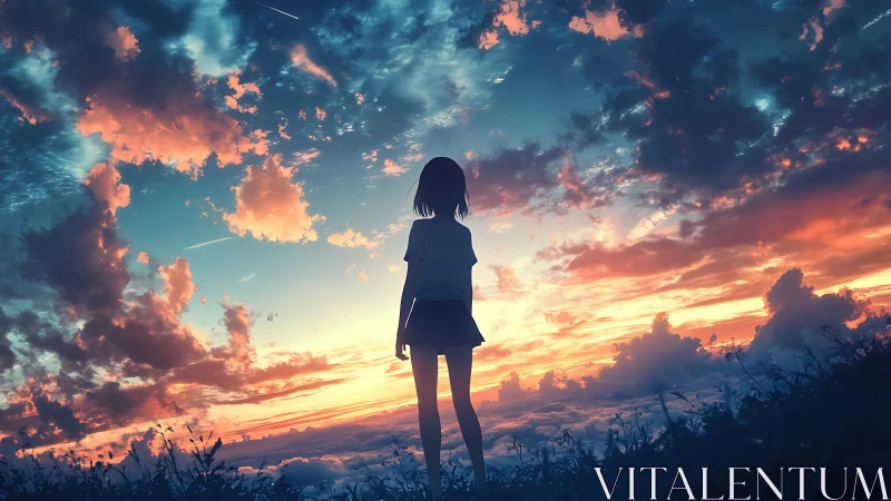 Silhouetted figure observing layered clouds at sunset horizon.