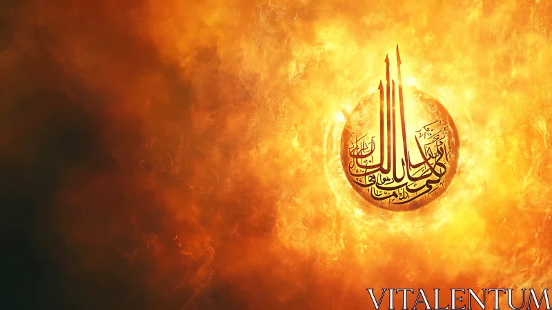 Solar calligraphy sphere blazing in celestial ember light.