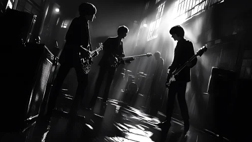 Monochrome rock band silhouettes performing under dramatic beams