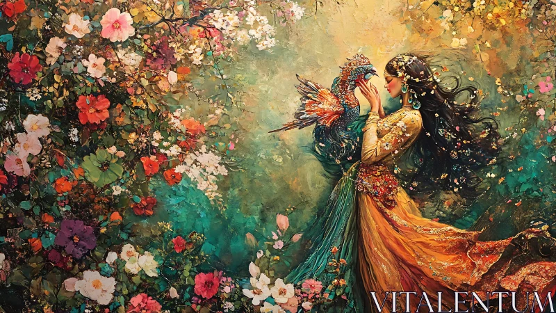 Enchanted maiden with jeweled phoenix in lush floral garden.