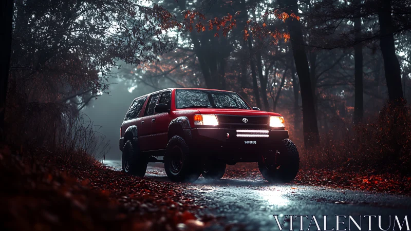 Photoreal SUV portrait on misty forest road with dramatic light.