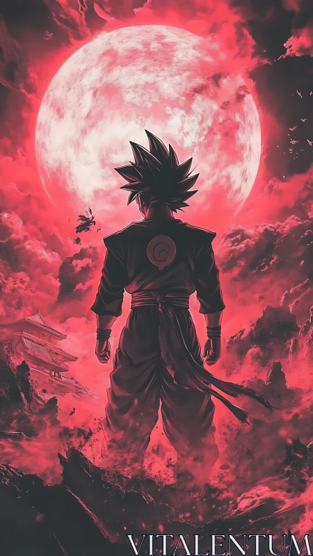 Crimson moon warrior pausing before the storm of destiny.