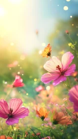 Cosmos Flowers in Soft Focus Garden Light.