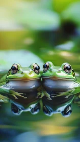 Two serene green frogs float together on tranquil water