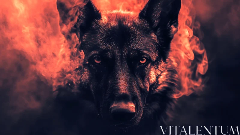 Infernal canine portrait isolates intense gaze in ember smoke