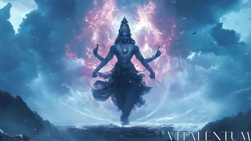 Celestial four-armed deity in stormlit cosmic gateway.